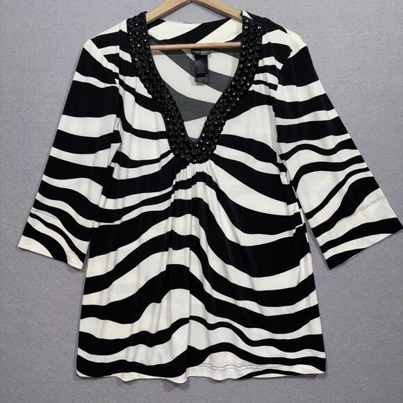 Bisou Bisou Wavy Stripe Tunic Top Sz 14 Black White Embellished Neckline Zebra - Picture 1 of 8